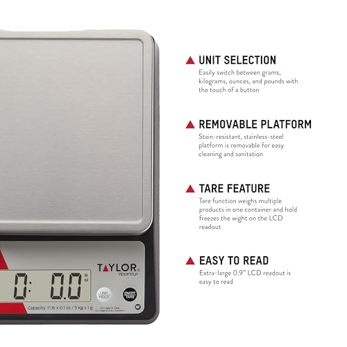Taylor TE10FT 11-Pound Commercial Digital Portion Control Scale, 11 lb (5 kg) in 0.1 oz (1 g) Food and Cooking Scale, Tare and Hold Function, NSF, Stainless Steel Platform - My Kitchen Products