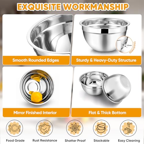 TeamFar Mixing Bowl Set of 5, 4.5/3/1.5/1/0.7 QT, Stainless Steel Metal Nesting Salad Bowl with Lid Set, Ideal for Mixing Serving, Non-Toxic & Sturdy, Airtight Lid & Easy Clean, Black - My Kitchen Products