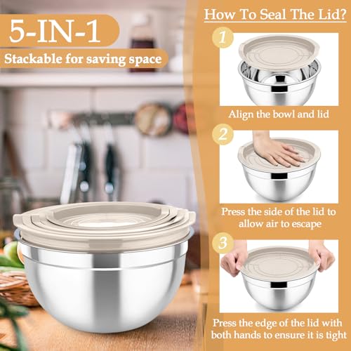 TeamFar Mixing Bowls, Stainless Steel Nesting Salad Bowls with Lids Set of 3 & 3 Grater Attachments, For Mixing/Serving/Storing, Non-toxic & Long-lasting, Size 4.6/3 / 1.5 QT, Khaki - My Kitchen Products