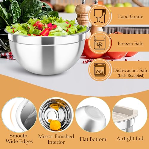 TeamFar Mixing Bowls, Stainless Steel Nesting Salad Bowls with Lids Set of 3 & 3 Grater Attachments, For Mixing/Serving/Storing, Non-toxic & Long-lasting, Size 4.6/3 / 1.5 QT, Khaki - My Kitchen Products