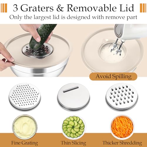 TeamFar Mixing Bowls, Stainless Steel Nesting Salad Bowls with Lids Set of 3 & 3 Grater Attachments, For Mixing/Serving/Storing, Non-toxic & Long-lasting, Size 4.6/3 / 1.5 QT, Khaki - My Kitchen Products