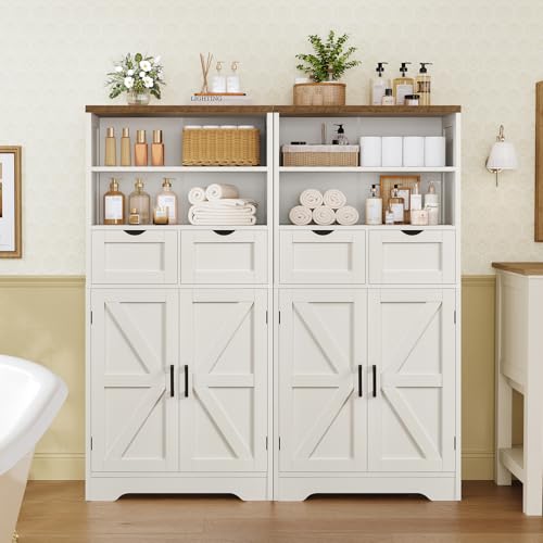 TEENFON Storage Cabinet with Doors & 2 Drawers, Kitchen Cabinet with Adjustable Shelf, Pantry Cabinets, Bathroom Cabinets, for Living Room, Entryway, Home Office, White - My Kitchen Products