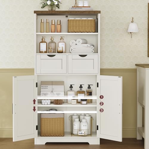 TEENFON Storage Cabinet with Doors & 2 Drawers, Kitchen Cabinet with Adjustable Shelf, Pantry Cabinets, Bathroom Cabinets, for Living Room, Entryway, Home Office, White - My Kitchen Products