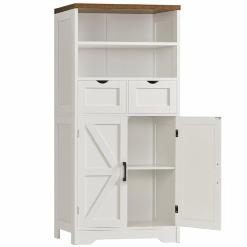 TEENFON Storage Cabinet with Doors & 2 Drawers, Kitchen Cabinet with Adjustable Shelf, Pantry Cabinets, Bathroom Cabinets, for Living Room, Entryway, Home Office, White - My Kitchen Products