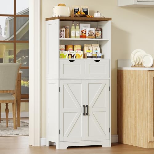 TEENFON Storage Cabinet with Doors & 2 Drawers, Kitchen Cabinet with Adjustable Shelf, Pantry Cabinets, Bathroom Cabinets, for Living Room, Entryway, Home Office, White - My Kitchen Products