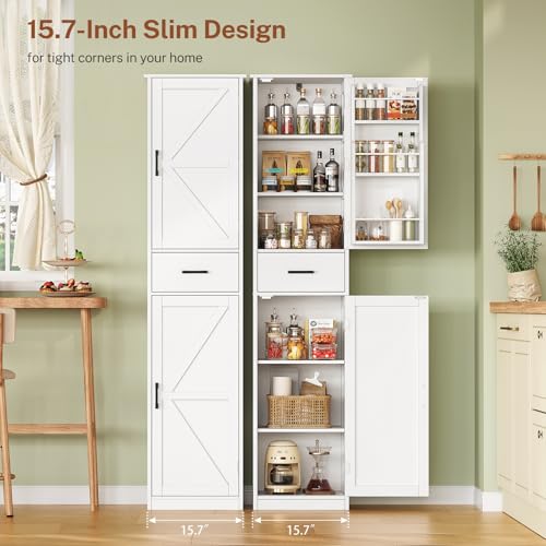 TEENFON Tall Storage Cabinet with 3 Door Shelves & 1 Drawer, Narrow Kitchen Pantry Cabinet for Living Room, Bathroom, Entryway, White - My Kitchen Products