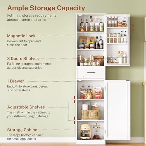 TEENFON Tall Storage Cabinet with 3 Door Shelves & 1 Drawer, Narrow Kitchen Pantry Cabinet for Living Room, Bathroom, Entryway, White - My Kitchen Products