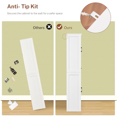 TEENFON Tall Storage Cabinet with 3 Door Shelves & 1 Drawer, Narrow Kitchen Pantry Cabinet for Living Room, Bathroom, Entryway, White - My Kitchen Products