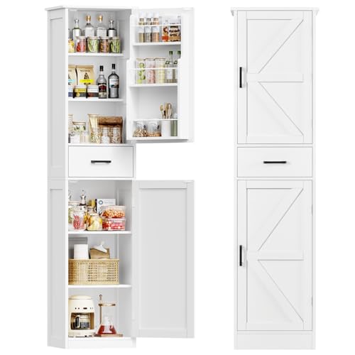 TEENFON Tall Storage Cabinet with 3 Door Shelves & 1 Drawer, Narrow Kitchen Pantry Cabinet for Living Room, Bathroom, Entryway, White - My Kitchen Products