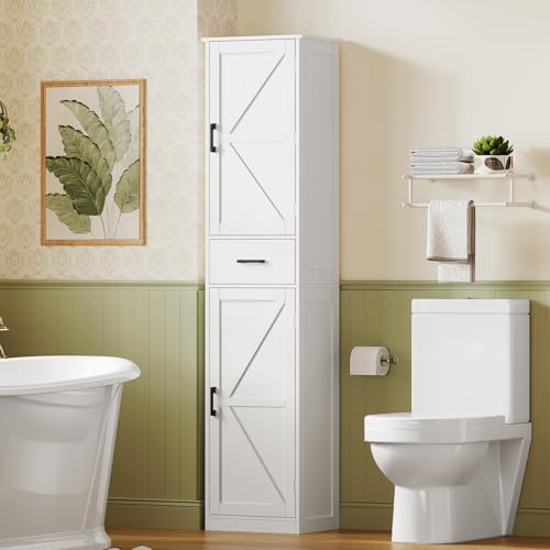 TEENFON Tall Storage Cabinet with 3 Door Shelves & 1 Drawer, Narrow Kitchen Pantry Cabinet for Living Room, Bathroom, Entryway, White - My Kitchen Products