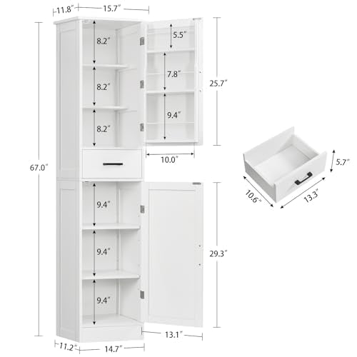 TEENFON Tall Storage Cabinet with 3 Door Shelves & 1 Drawer, Narrow Kitchen Pantry Cabinet for Living Room, Bathroom, Entryway, White - My Kitchen Products