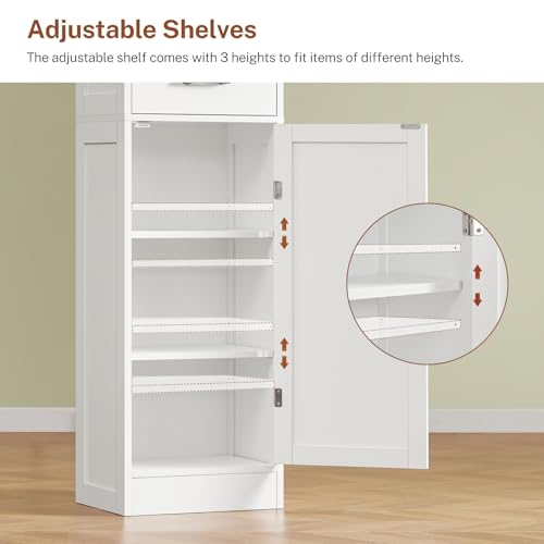 TEENFON Tall Storage Cabinet with 3 Door Shelves & 1 Drawer, Narrow Kitchen Pantry Cabinet for Living Room, Bathroom, Entryway, White - My Kitchen Products