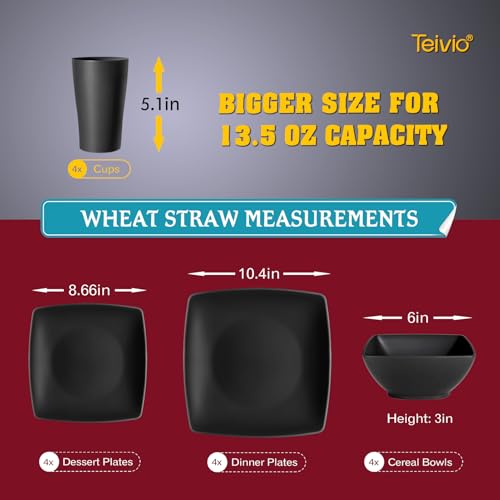 Teivio 16-piece Plastic Wheat Straw Square Dinnerware Set for 4, Unbreakable Dinner Plates, Salad Plates, Snack Bowls, Tumblers 13.5 oz, Dishwasher Safe, Kitchen Outdoor Camping,Black - My Kitchen Products