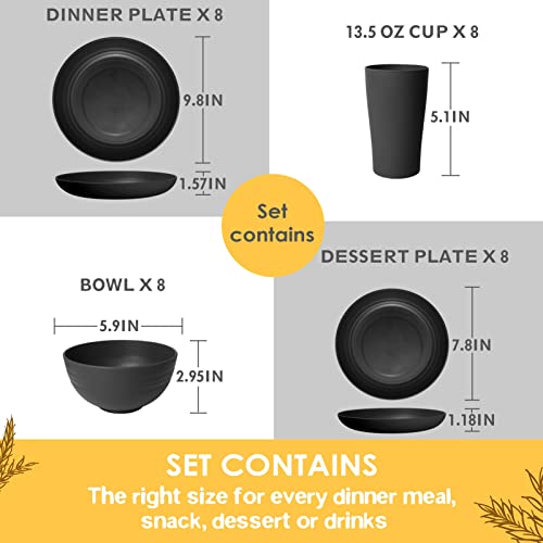 Teivio 32-Piece Kitchen Plastic Wheat Straw Dinnerware Set, Service for 8, Unbreakable Modern Dish Set - Dinner Plate/Dessert Plate/Cereal Bowl/Cup, for Apartment Essentials, Outdoor Camping, Black - My Kitchen Products