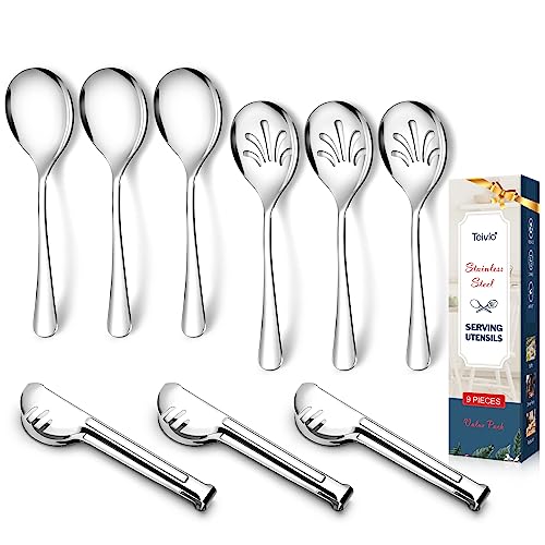 Teivio Stainless Steel Metal Serving Utensils - Large Set of 9-10" Spoons, 10" Slotted Spoons, and 9" Tongs (Silver)