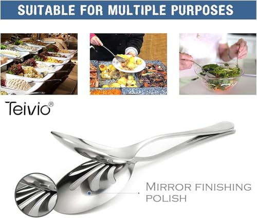 Teivio Stainless Steel Metal Serving Utensils - Large Set of 9-10" Spoons, 10" Slotted Spoons, and 9" Tongs (Silver) - My Kitchen Products