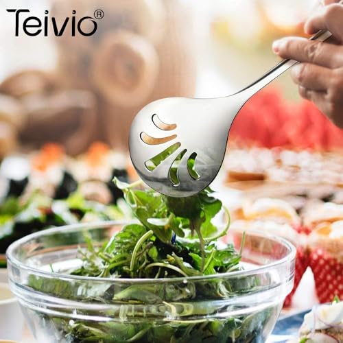 Teivio Stainless Steel Metal Serving Utensils - Large Set of 9-10" Spoons, 10" Slotted Spoons, and 9" Tongs (Silver) - My Kitchen Products