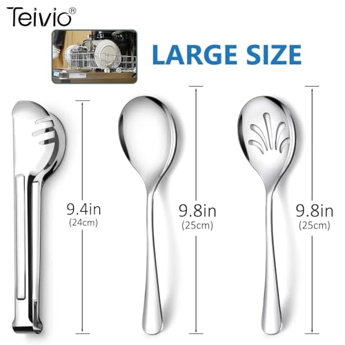 Teivio Stainless Steel Metal Serving Utensils - Large Set of 9-10" Spoons, 10" Slotted Spoons, and 9" Tongs (Silver) - My Kitchen Products