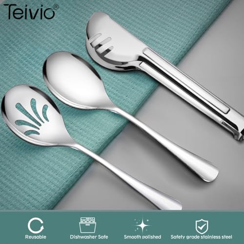 Teivio Stainless Steel Metal Serving Utensils - Large Set of 9-10" Spoons, 10" Slotted Spoons, and 9" Tongs (Silver) - My Kitchen Products