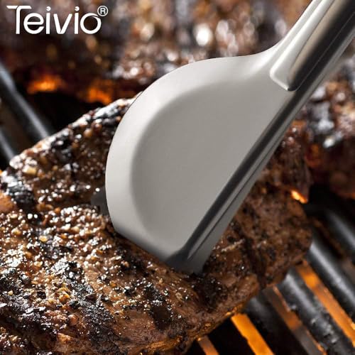 Teivio Stainless Steel Metal Serving Utensils - Large Set of 9-10" Spoons, 10" Slotted Spoons, and 9" Tongs (Silver) - My Kitchen Products