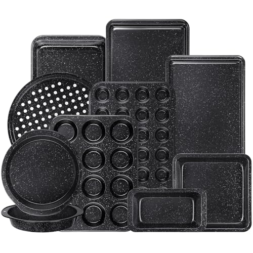 Terlulu 10-Piece Baking Pans Set, Bakeware Sets Nonstick, Baking Set for Oven Cooking, Stackable Carbon Steel Set Include Cookie Sheets, Muffin Pan, Cake Pan, Pizza Pan, Loaf Pan, Roasting Pan, Black - My Kitchen Products