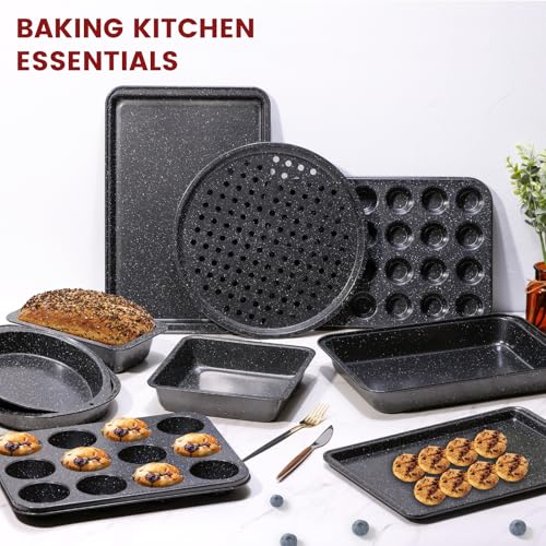 Terlulu 10-Piece Baking Pans Set, Bakeware Sets Nonstick, Baking Set for Oven Cooking, Stackable Carbon Steel Set Include Cookie Sheets, Muffin Pan, Cake Pan, Pizza Pan, Loaf Pan, Roasting Pan, Black - My Kitchen Products