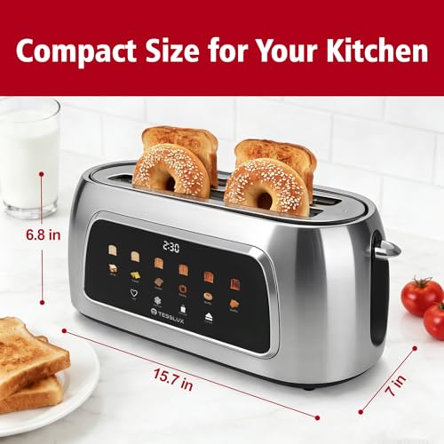 Tesslux 4 Slice Toaster with Touch Screen Control, 1.5" Wide Long Slots, 6 Browning Levels & 6 Bread Types, Digital Timer, Memory, Defrost, Reheat (Silver, 4 Slice) - My Kitchen Products