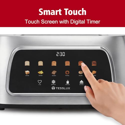 Tesslux 4 Slice Toaster with Touch Screen Control, 1.5" Wide Long Slots, 6 Browning Levels & 6 Bread Types, Digital Timer, Memory, Defrost, Reheat (Silver, 4 Slice) - My Kitchen Products
