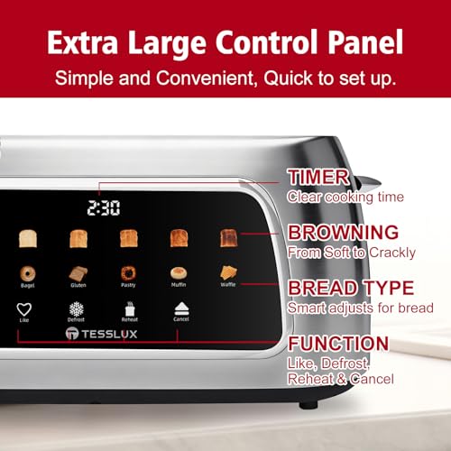 Tesslux 4 Slice Toaster with Touch Screen Control, 1.5" Wide Long Slots, 6 Browning Levels & 6 Bread Types, Digital Timer, Memory, Defrost, Reheat (Silver, 4 Slice) - My Kitchen Products