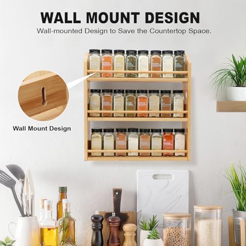 Thalomely 3 Tier Bamboo Spice Rack, Spice Rack Organizer, Seasoning Jars Rack Shelf Spice Organizer for Kitchen Counter or Wall Mounting, Spice Storage Holder with handles, Jars Not Included,Natural - My Kitchen Products
