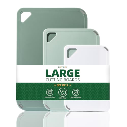 THETCHRY Plastic Cutting Board Set of 3-Cutting Boards for Kitchen BPA Free, Large-Small Chopping Boards Non-Slip for Cooking Camping Dishwasher Safe, Reversible, with Grip Handle, 15"×10"×0.25" Green - My Kitchen Products