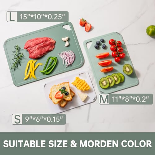 THETCHRY Plastic Cutting Board Set of 3-Cutting Boards for Kitchen BPA Free, Large-Small Chopping Boards Non-Slip for Cooking Camping Dishwasher Safe, Reversible, with Grip Handle, 15"×10"×0.25" Green - My Kitchen Products