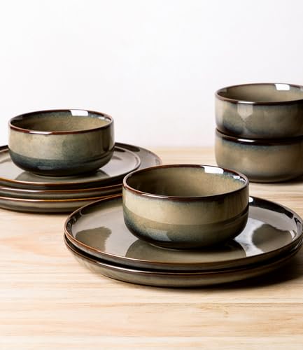 TheTerra Ceramic Dinnerware Sets for 4, 12 Pieces Handmade Reactive Glaze Plates and Bowls Set, Scratch Resistant Dish Set, Oven & Microwave & Dishwasher Safe - My Kitchen Products