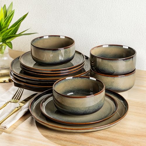TheTerra Ceramic Dinnerware Sets for 4, 12 Pieces Handmade Reactive Glaze Plates and Bowls Set, Scratch Resistant Dish Set, Oven & Microwave & Dishwasher Safe - My Kitchen Products