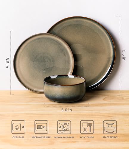 TheTerra Ceramic Dinnerware Sets for 4, 12 Pieces Handmade Reactive Glaze Plates and Bowls Set, Scratch Resistant Dish Set, Oven & Microwave & Dishwasher Safe - My Kitchen Products