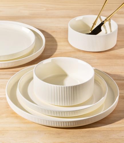 TheTerra Ceramic Dinnerware Sets for 4, 12 Pieces Porcelain Lightweight Plates and Bowls Sets, Scratch Resistant Dish Set, Oven & Microwave & Dishwasher Safe, Beige - My Kitchen Products