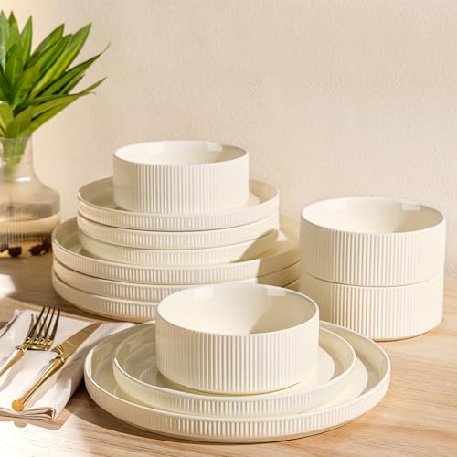 TheTerra Ceramic Dinnerware Sets for 4, 12 Pieces Porcelain Lightweight Plates and Bowls Sets, Scratch Resistant Dish Set, Oven & Microwave & Dishwasher Safe, Beige - My Kitchen Products
