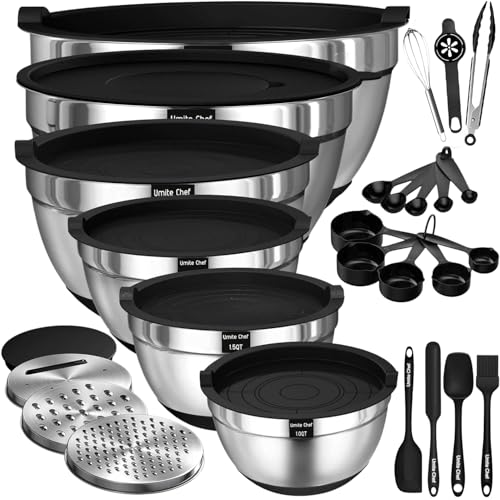 Thickened Heavy-Duty 26pcs Stainless Steel Bowl, Mixing Bowl Set with Lid, Grater Attachment, Non-Slip Bottom and Kitchen Gadget Set, Sizes 7, 4, 2.5, 2.0, 1.5, 1QT, Ideal for Mixing and Serving - My Kitchen Products