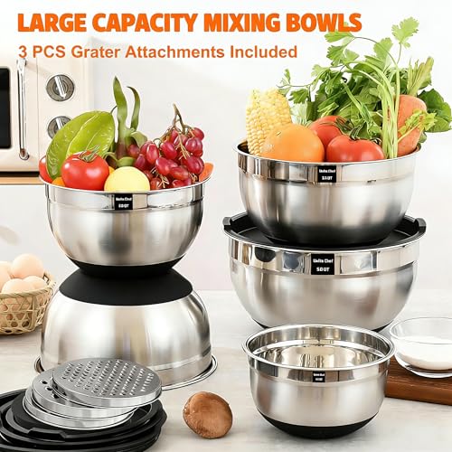 Thickened Heavy-Duty 26pcs Stainless Steel Bowl, Mixing Bowl Set with Lid, Grater Attachment, Non-Slip Bottom and Kitchen Gadget Set, Sizes 7, 4, 2.5, 2.0, 1.5, 1QT, Ideal for Mixing and Serving - My Kitchen Products
