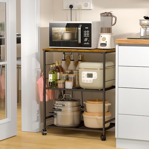 ThreeHio Rolling Kitchen Microwave Cart, 3 Tier Microwave Table Stand with Storage, Kitchen Utility Cart on Lockable Wheels, Small Coffee Cart Shelf Rack Organizer for Living Room Office, Balcony - My Kitchen Products