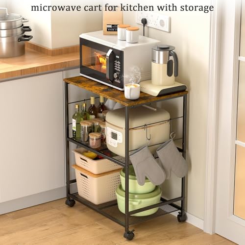 ThreeHio Rolling Kitchen Microwave Cart, 3 Tier Microwave Table Stand with Storage, Kitchen Utility Cart on Lockable Wheels, Small Coffee Cart Shelf Rack Organizer for Living Room Office, Balcony - My Kitchen Products