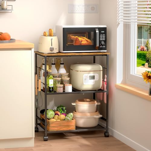 ThreeHio Rolling Kitchen Microwave Cart, 3 Tier Microwave Table Stand with Storage, Kitchen Utility Cart on Lockable Wheels, Small Coffee Cart Shelf Rack Organizer for Living Room Office, Balcony - My Kitchen Products