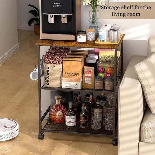 ThreeHio Rolling Kitchen Microwave Cart, 3 Tier Microwave Table Stand with Storage, Kitchen Utility Cart on Lockable Wheels, Small Coffee Cart Shelf Rack Organizer for Living Room Office, Balcony - My Kitchen Products