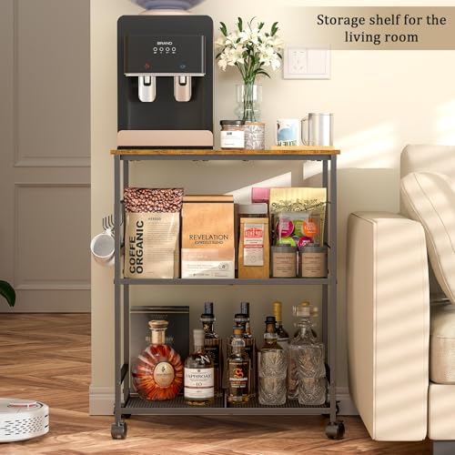 ThreeHio Rolling Kitchen Microwave Cart, 3 Tier Microwave Table Stand with Storage, Kitchen Utility Cart on Lockable Wheels, Small Coffee Cart Shelf Rack Organizer for Living Room Office, Balcony - My Kitchen Products