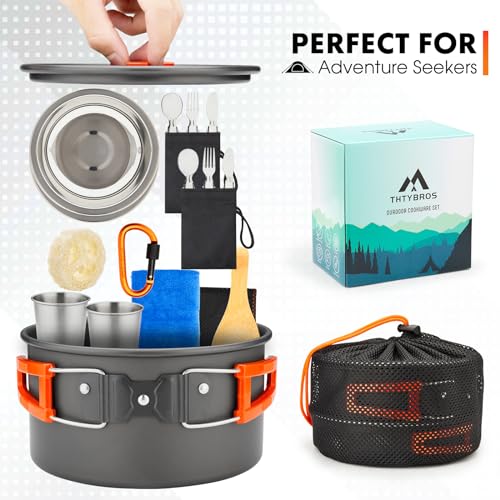 THTYBROS 17pcs Camping Cookware Kit, 0.45Gal Pot, 7inches Pan,0.30Gal Kettle Set with 2 Set Stainless Steel Cups Plates Forks Knives Spoons for Hiking,Camping,Backpacking,Outdoor Cooking and Picnic - My Kitchen Products