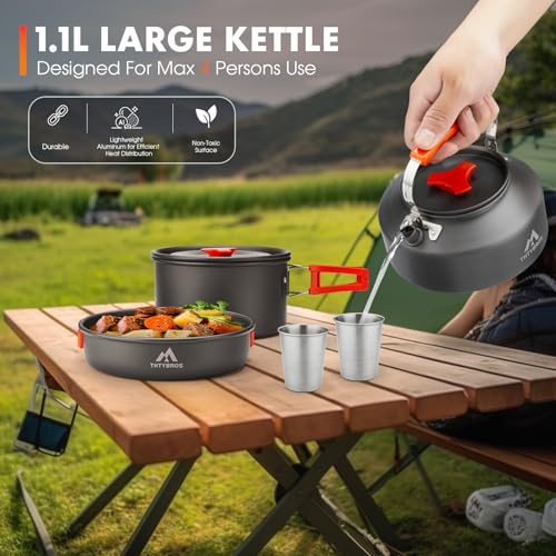 THTYBROS 17pcs Camping Cookware Kit, 0.45Gal Pot, 7inches Pan,0.30Gal Kettle Set with 2 Set Stainless Steel Cups Plates Forks Knives Spoons for Hiking,Camping,Backpacking,Outdoor Cooking and Picnic - My Kitchen Products