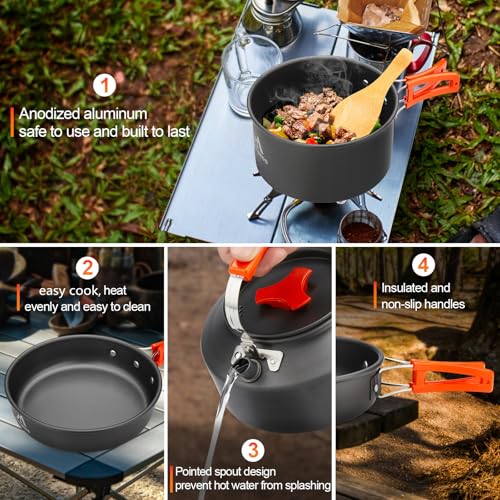 THTYBROS 17pcs Camping Cookware Kit, 0.45Gal Pot, 7inches Pan,0.30Gal Kettle Set with 2 Set Stainless Steel Cups Plates Forks Knives Spoons for Hiking,Camping,Backpacking,Outdoor Cooking and Picnic - My Kitchen Products