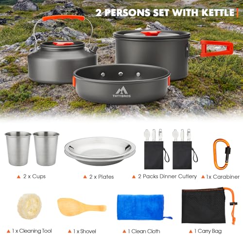 THTYBROS 17pcs Camping Cookware Kit, 0.45Gal Pot, 7inches Pan,0.30Gal Kettle Set with 2 Set Stainless Steel Cups Plates Forks Knives Spoons for Hiking,Camping,Backpacking,Outdoor Cooking and Picnic - My Kitchen Products