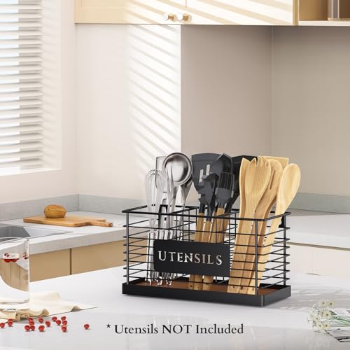 THYGIFTREE Utensil Holder for Kitchen Counter Large Black Metal Cooking Utensil Organizer 3 Compartments for Countertop Kitchen Tool Spatula Holder Wood Base - My Kitchen Products
