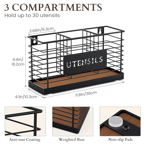 THYGIFTREE Utensil Holder for Kitchen Counter Large Black Metal Cooking Utensil Organizer 3 Compartments for Countertop Kitchen Tool Spatula Holder Wood Base - My Kitchen Products
